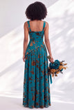 Burnout Velvet Square Neck Blue Flower Bridesmaid Dress with Slit