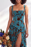 Burnout Velvet Square Neck Blue Flower Bridesmaid Dress with Slit