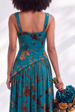 Burnout Velvet Square Neck Blue Flower Bridesmaid Dress with Slit