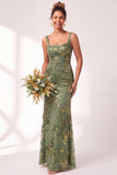 Olive Square Neck Burnout Velvet Mermaid Bridesmaid Dress with Lace-up Back