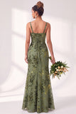 Olive Square Neck Burnout Velvet Mermaid Bridesmaid Dress with Lace-up Back