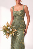 Olive Square Neck Burnout Velvet Mermaid Bridesmaid Dress with Lace-up Back