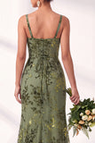 Olive Square Neck Burnout Velvet Mermaid Bridesmaid Dress with Lace-up Back