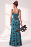 Olive Square Neck Burnout Velvet Mermaid Bridesmaid Dress with Lace-up Back