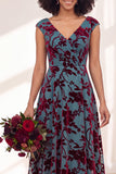 Fuchsia A Line V Neck Burnout Velvet Bridesmaid Dress