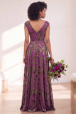 Fuchsia A Line V Neck Burnout Velvet Bridesmaid Dress