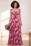 Fuchsia A Line V Neck Burnout Velvet Bridesmaid Dress