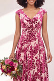 Fuchsia A Line V Neck Burnout Velvet Bridesmaid Dress