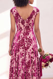 Fuchsia A Line V Neck Burnout Velvet Bridesmaid Dress
