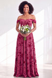 Off the Shoulder Burnout Velvet A Line Orange Bridesmaid Dress