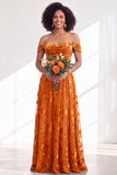 Off the Shoulder Burnout Velvet A Line Orange Bridesmaid Dress