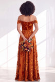 Off the Shoulder Burnout Velvet A Line Orange Bridesmaid Dress