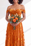 Off the Shoulder Burnout Velvet A Line Orange Bridesmaid Dress