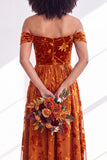 Off the Shoulder Burnout Velvet A Line Orange Bridesmaid Dress