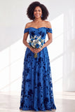 Off the Shoulder Burnout Velvet A Line Orange Bridesmaid Dress