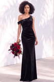 Burgundy Velvet Asymmetrical Neck Ruched Mermaid Bridesmaid Dress