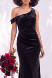 Burgundy Velvet Asymmetrical Neck Ruched Mermaid Bridesmaid Dress