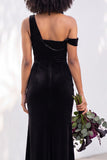 Burgundy Velvet Asymmetrical Neck Ruched Mermaid Bridesmaid Dress