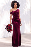 Burgundy Velvet Asymmetrical Neck Ruched Mermaid Bridesmaid Dress