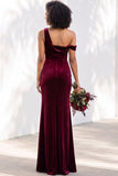 Burgundy Velvet Asymmetrical Neck Ruched Mermaid Bridesmaid Dress