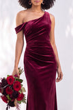 Burgundy Velvet Asymmetrical Neck Ruched Mermaid Bridesmaid Dress