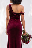 Burgundy Velvet Asymmetrical Neck Ruched Mermaid Bridesmaid Dress