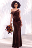 Burgundy Velvet Asymmetrical Neck Ruched Mermaid Bridesmaid Dress