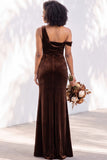 Burgundy Velvet Asymmetrical Neck Ruched Mermaid Bridesmaid Dress