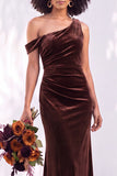 Burgundy Velvet Asymmetrical Neck Ruched Mermaid Bridesmaid Dress