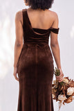 Burgundy Velvet Asymmetrical Neck Ruched Mermaid Bridesmaid Dress