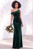 Burgundy Velvet Asymmetrical Neck Ruched Mermaid Bridesmaid Dress
