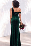 Burgundy Velvet Asymmetrical Neck Ruched Mermaid Bridesmaid Dress