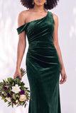Burgundy Velvet Asymmetrical Neck Ruched Mermaid Bridesmaid Dress