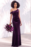 Burgundy Velvet Asymmetrical Neck Ruched Mermaid Bridesmaid Dress
