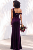 Burgundy Velvet Asymmetrical Neck Ruched Mermaid Bridesmaid Dress