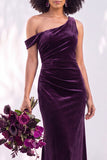Burgundy Velvet Asymmetrical Neck Ruched Mermaid Bridesmaid Dress