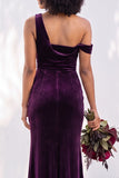 Burgundy Velvet Asymmetrical Neck Ruched Mermaid Bridesmaid Dress