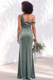 Burgundy Velvet Asymmetrical Neck Ruched Mermaid Bridesmaid Dress