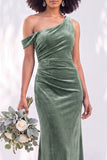 Burgundy Velvet Asymmetrical Neck Ruched Mermaid Bridesmaid Dress