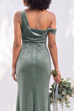 Burgundy Velvet Asymmetrical Neck Ruched Mermaid Bridesmaid Dress
