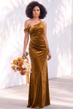 Burgundy Velvet Asymmetrical Neck Ruched Mermaid Bridesmaid Dress