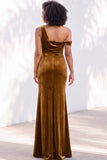 Burgundy Velvet Asymmetrical Neck Ruched Mermaid Bridesmaid Dress
