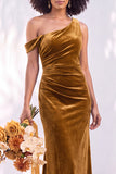 Burgundy Velvet Asymmetrical Neck Ruched Mermaid Bridesmaid Dress