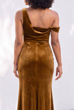 Burgundy Velvet Asymmetrical Neck Ruched Mermaid Bridesmaid Dress