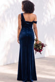 Burgundy Velvet Asymmetrical Neck Ruched Mermaid Bridesmaid Dress