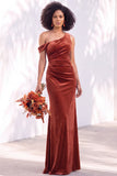 Burgundy Velvet Asymmetrical Neck Ruched Mermaid Bridesmaid Dress