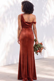 Burgundy Velvet Asymmetrical Neck Ruched Mermaid Bridesmaid Dress