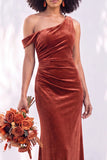 Burgundy Velvet Asymmetrical Neck Ruched Mermaid Bridesmaid Dress
