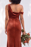 Burgundy Velvet Asymmetrical Neck Ruched Mermaid Bridesmaid Dress