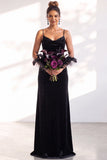 Velvet Spaghetti Straps Dusty Sage Bridesmaid Dress with Scarf